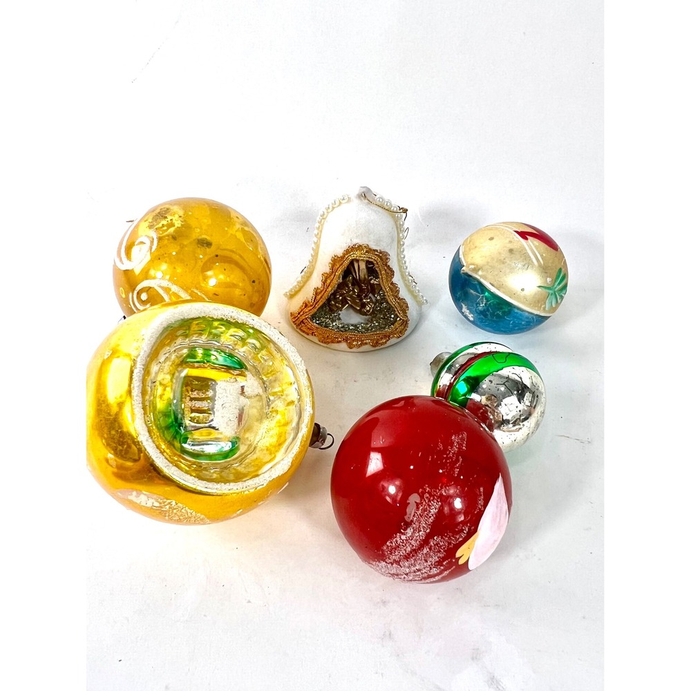 Vintage Christmas Ornaments Lot Mercury Glass Reflector Diorama Bell Retro 6pc